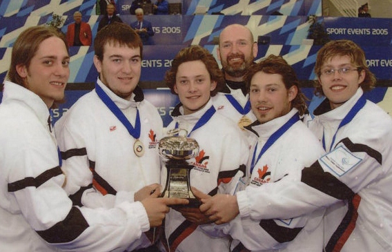 2005 Kyle George curling team after winning the world junior men's title